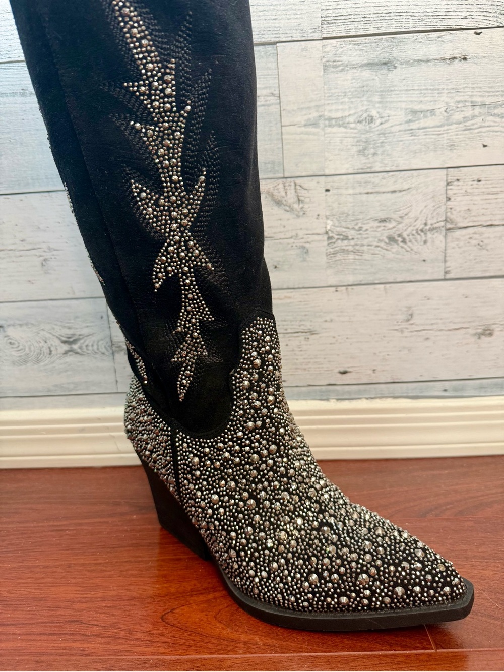 Apple Black Studded Wedge Knee Boot with Silver Accents